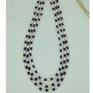 White Oval Pearls with Blue Beeds 3 Layers Mala JPM0527