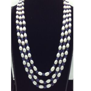 White Oval Pearls with Blue Beeds 3 Layers Mala JPM0527