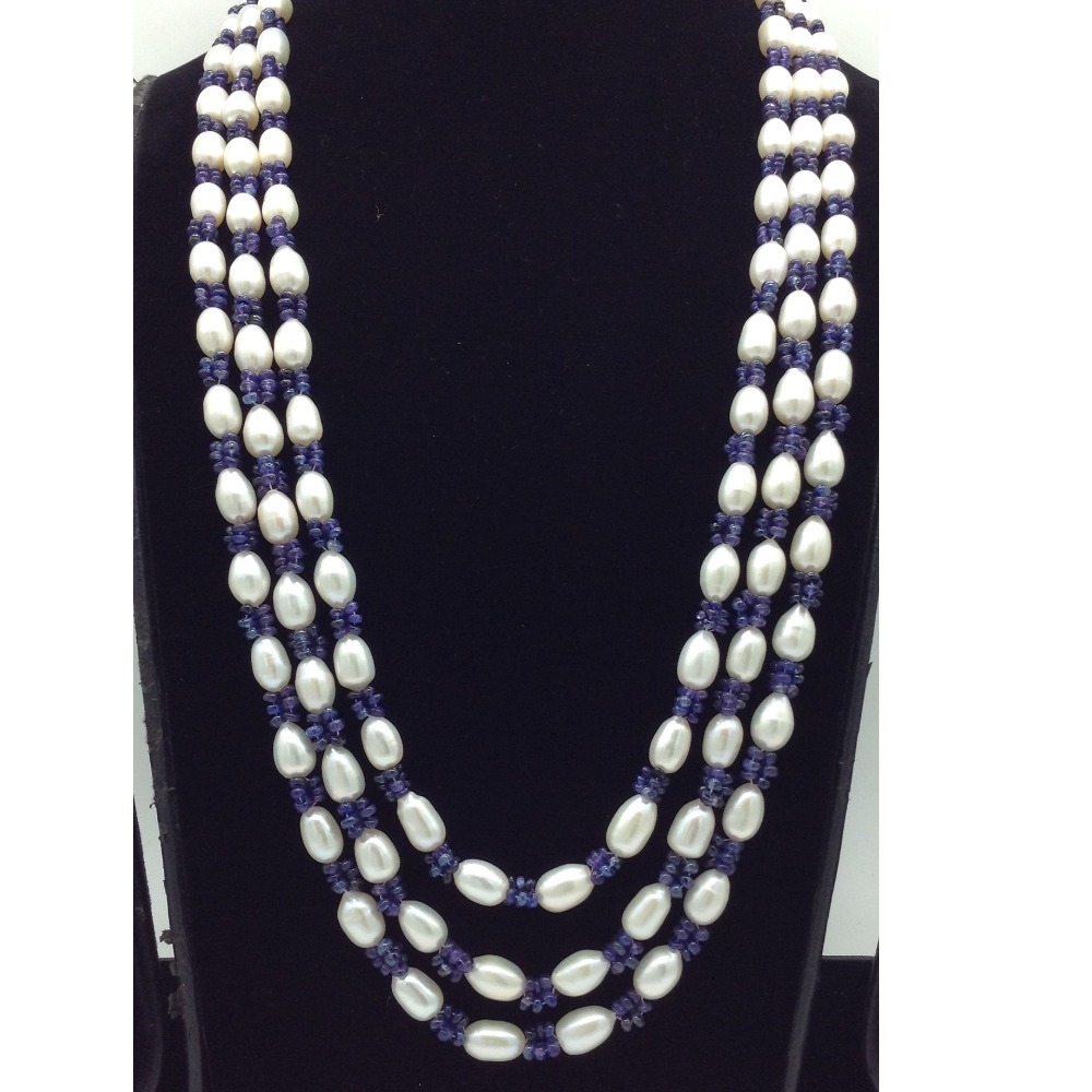 White Oval Pearls with Blue Beeds 3 Layers Mala JPM0527