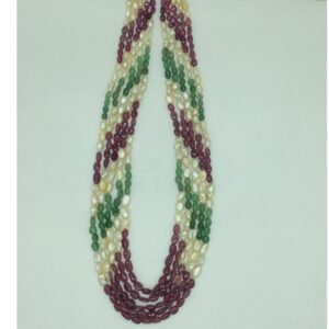 Cream Kudkal Pearls with Red,Green Beeds 5 Layers Mala JPM0525