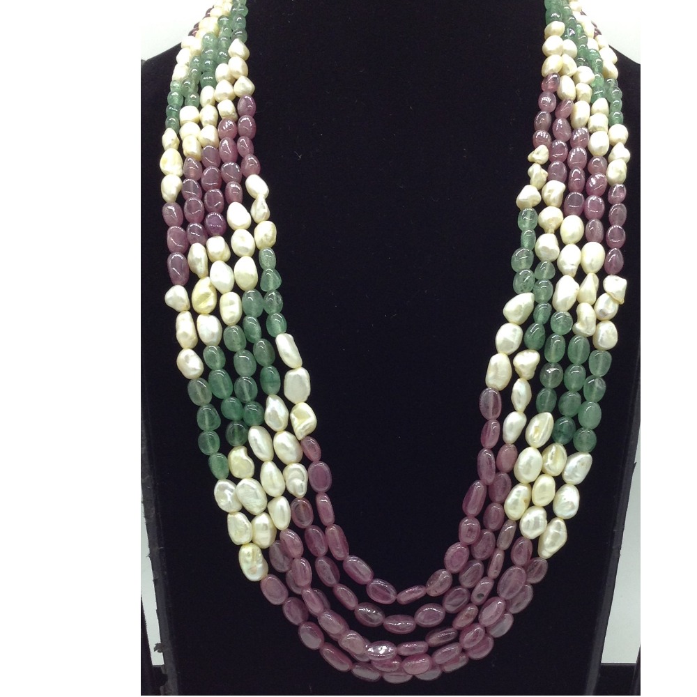 Cream Kudkal Pearls with Red,Green Beeds 5 Layers Mala JPM0525