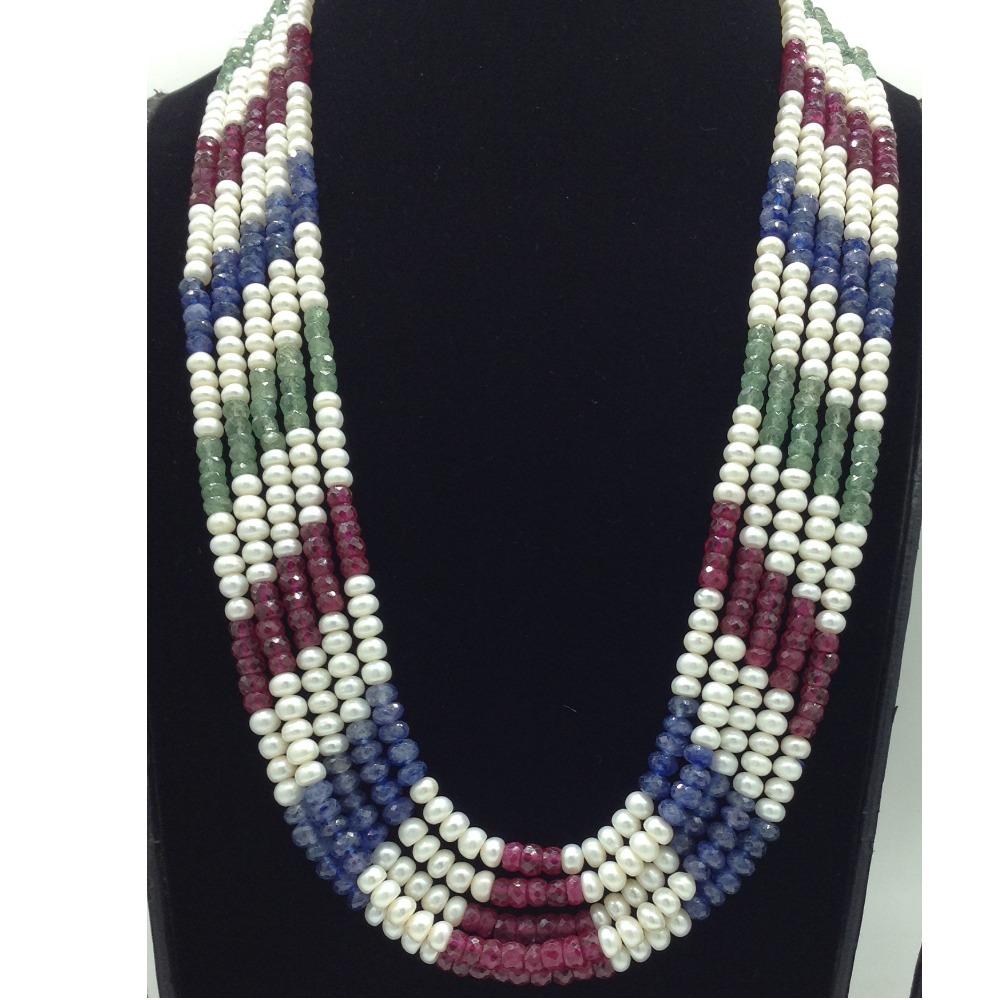 White Flat Pearls with Multicolour Beeds 5 Layers Mala JPM0524