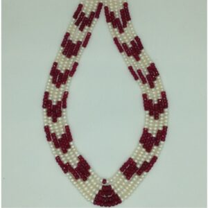 White Flat Pearls with Red Beeds 5 Layers Mala JPM0523