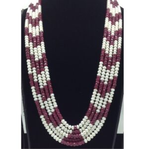 White Flat Pearls with Red Beeds 5 Layers Mala JPM0523