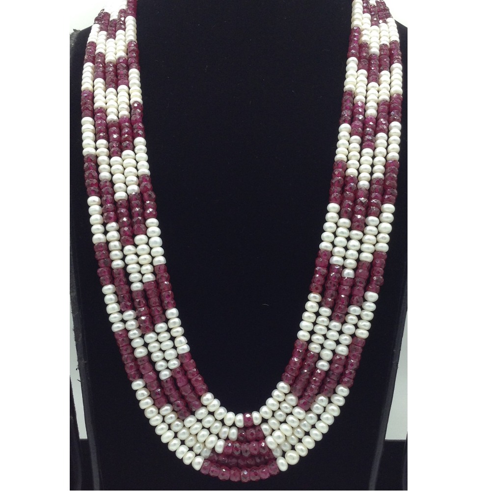 White Flat Pearls with Red Beeds 5 Layers Mala JPM0523