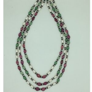 White Oval Pearls with Red,Green Beeds 3 Layers Mala JPM0522