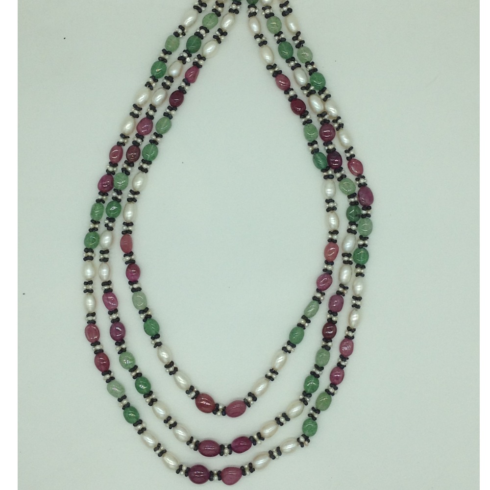 White Oval Pearls with Red,Green Beeds 3 Layers Mala JPM0522