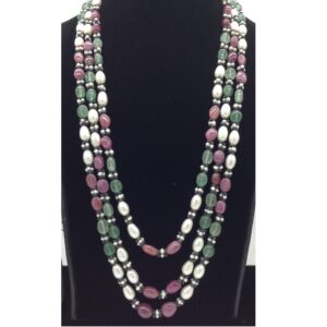 White Oval Pearls with Red,Green Beeds 3 Layers Mala JPM0522