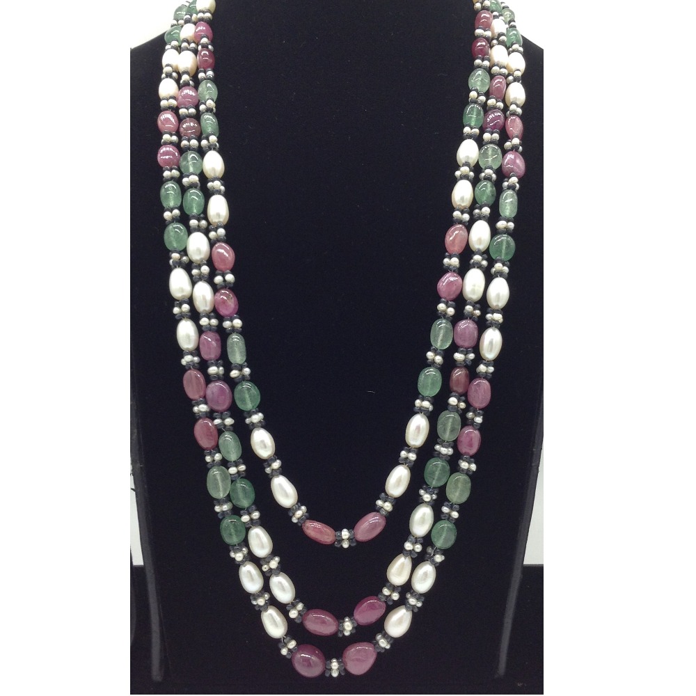 White Oval Pearls with Red,Green Beeds 3 Layers Mala JPM0522