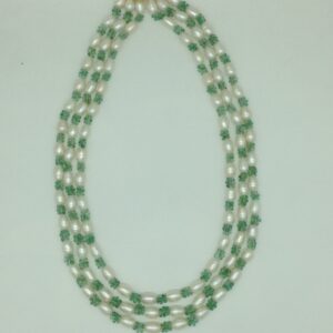 Freshwater White Oval Pearls with Green Beeds 3 Layers Mala JPM0521