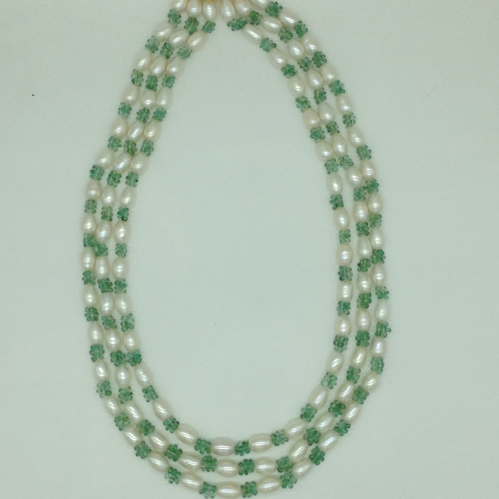 Freshwater White Oval Pearls with Green Beeds 3 Layers Mala JPM0521