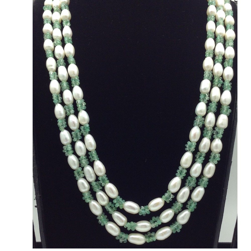Freshwater White Oval Pearls with Green Beeds 3 Layers Mala JPM0521