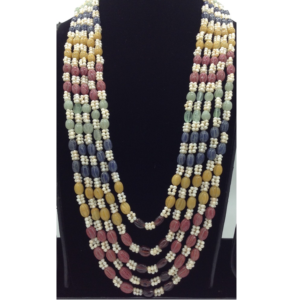 White Seed Pearls with Multicolour Beeds 5 Layers Mala JPM0520