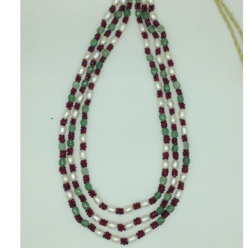 White Oval Pearls with Red,Green Beeds 3 Layers Mala JPM0519