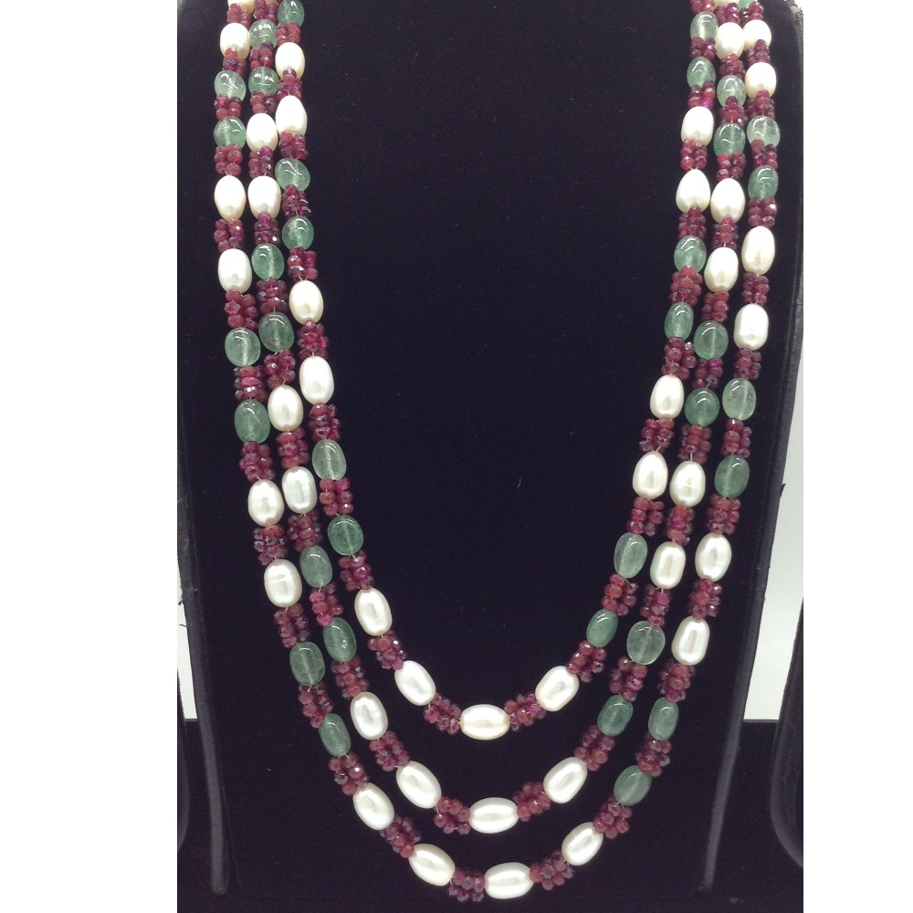 White Oval Pearls with Red,Green Beeds 3 Layers Mala JPM0519