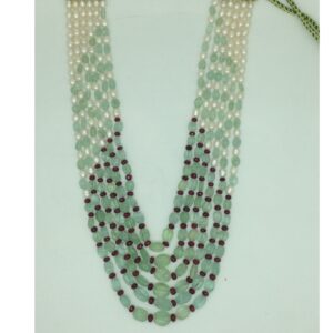 White Oval Pearls with Red,Green Beeds 6 Layers Mala JPM0518