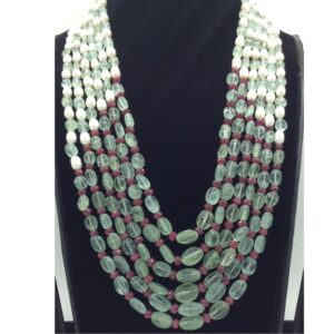 White Oval Pearls with Red,Green Beeds 6 Layers Mala JPM0518