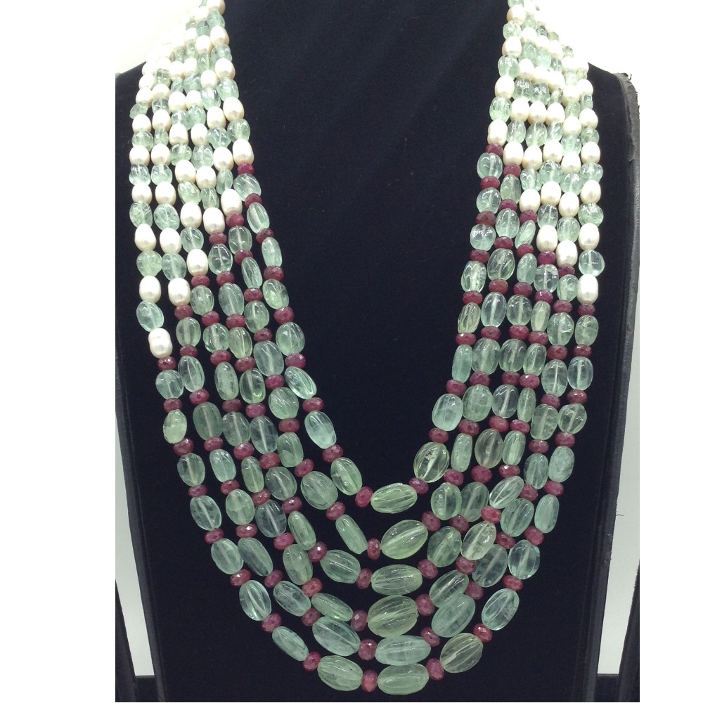 White Oval Pearls with Red,Green Beeds 6 Layers Mala JPM0518