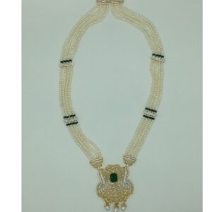 White,Green CZ Ranihaar Set With 4 Line White Pearls Mala JPS0856