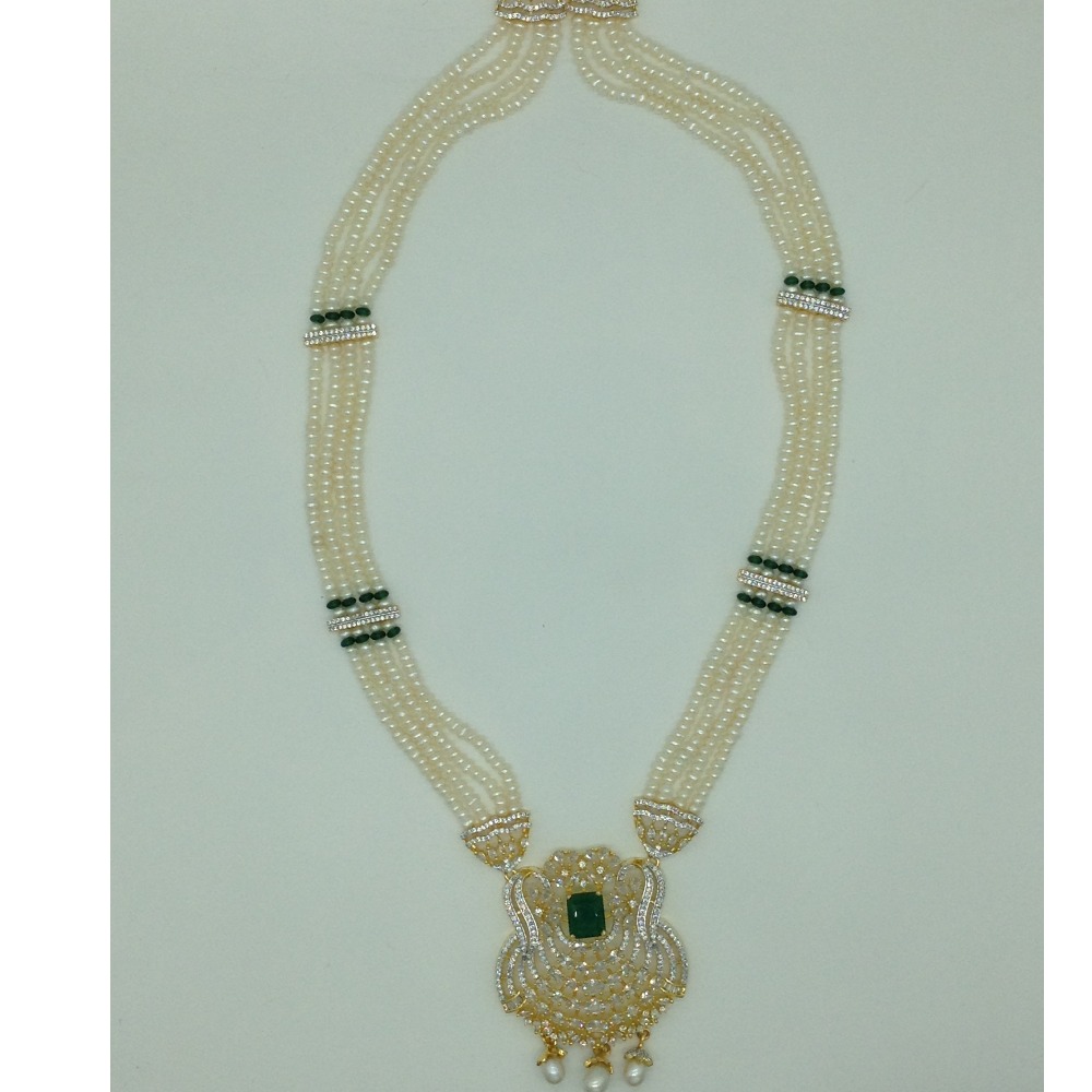 White,Green CZ Ranihaar Set With 4 Line White Pearls Mala JPS0856