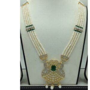 White,Green CZ Ranihaar Set With 4 Line White Pearls Mala JPS0856