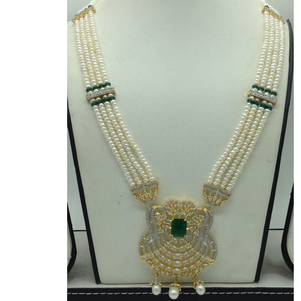 White,Green CZ Ranihaar Set With 4 Line White Pearls Mala JPS0856