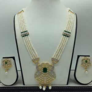 White,Green CZ Ranihaar Set With 4 Line White Pearls Mala JPS0856