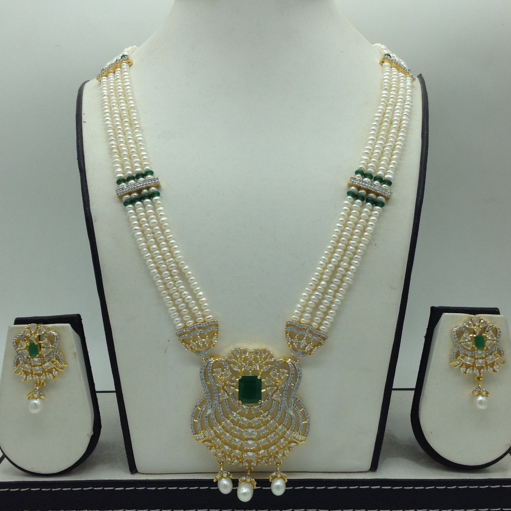 White,Green CZ Ranihaar Set With 4 Line White Pearls Mala JPS0856