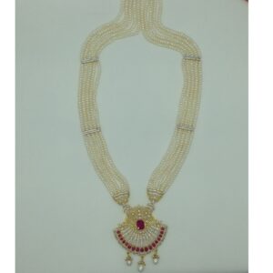 White,Red CZ Ranihaar Set With 5 Line White Pearls Mala JPS0855