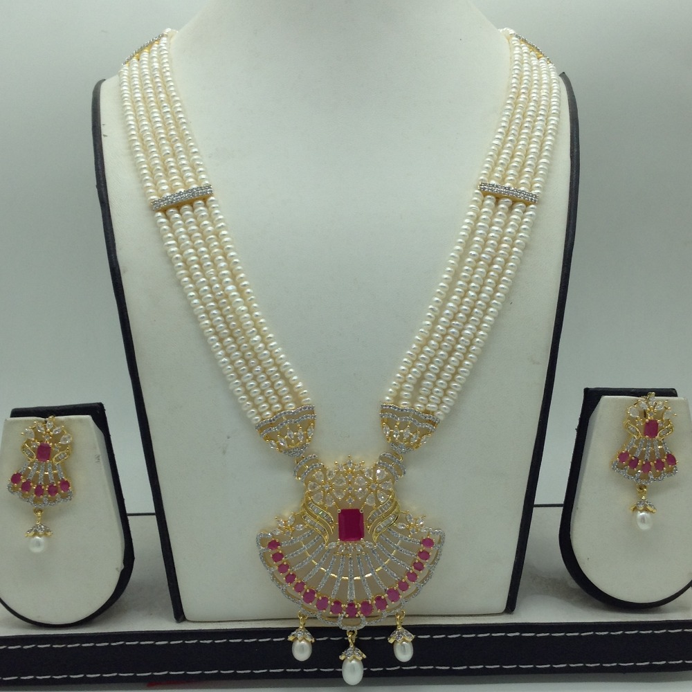 White,Red CZ Ranihaar Set With 5 Line White Pearls Mala JPS0855