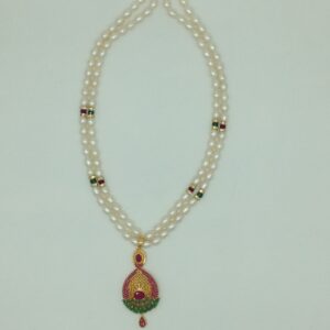Red,Green Cz Pendent Set With 2 Line White Pearls Mala JPS0849