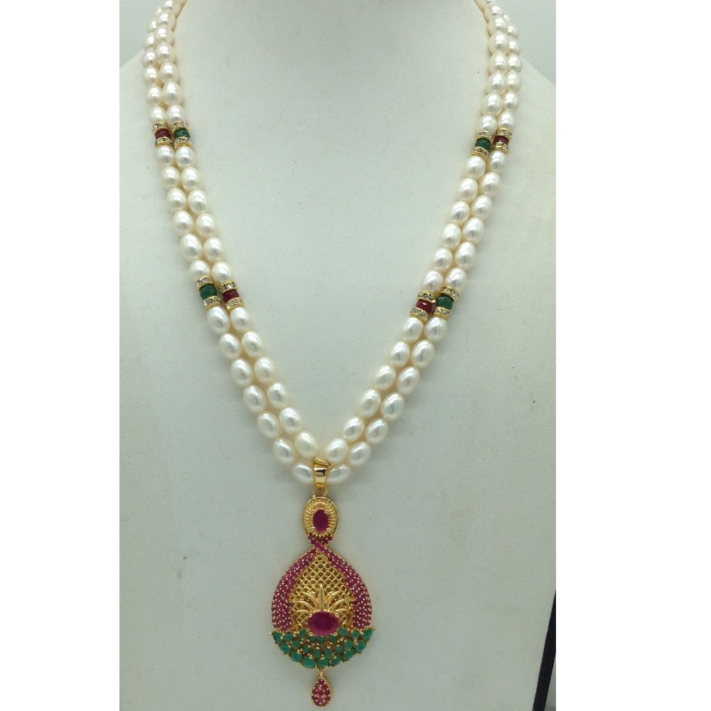 Red,Green Cz Pendent Set With 2 Line White Pearls Mala JPS0849