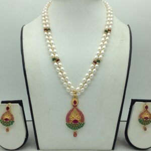 Red,Green Cz Pendent Set With 2 Line White Pearls Mala JPS0849