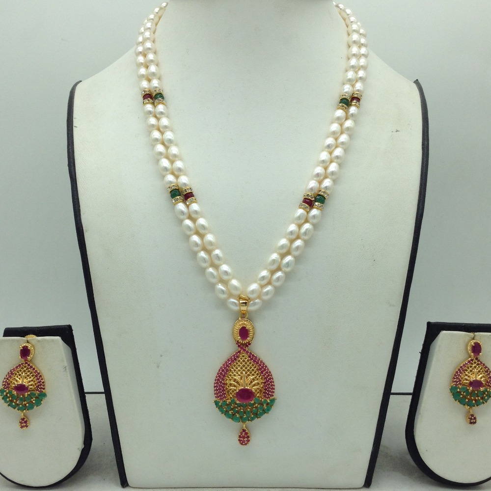 Red,Green Cz Pendent Set With 2 Line White Pearls Mala JPS0849