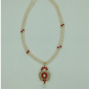 Pearl,Coral Cz Pendent Set With 2 Line White Pearls Mala JPS0848