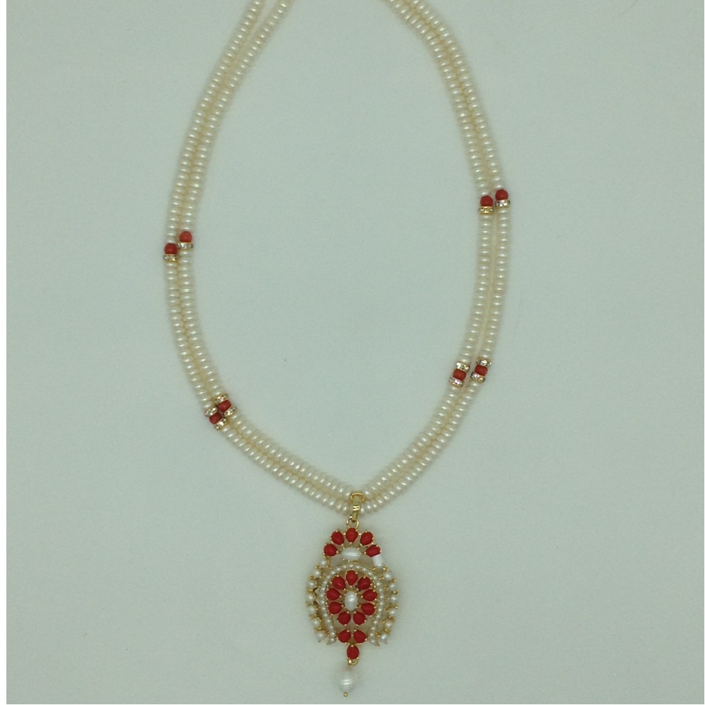 Pearl,Coral Cz Pendent Set With 2 Line White Pearls Mala JPS0848