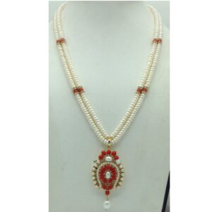 Pearl,Coral Cz Pendent Set With 2 Line White Pearls Mala JPS0848