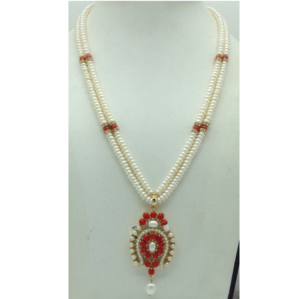 Pearl,Coral Cz Pendent Set With 2 Line White Pearls Mala JPS0848