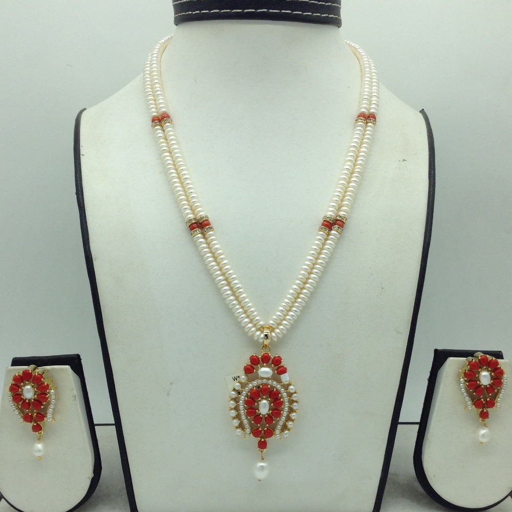 Pearl,Coral Cz Pendent Set With 2 Line White Pearls Mala JPS0848