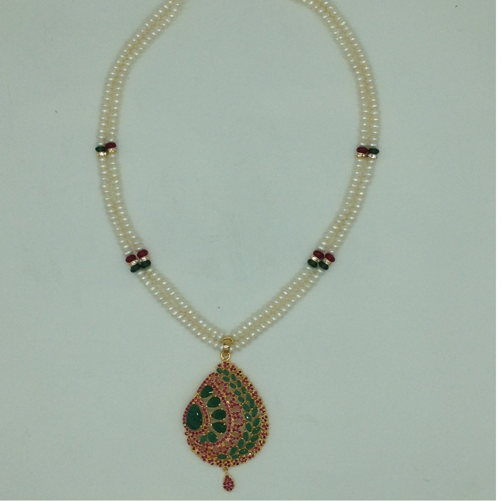 Green,Red Cz Pendent Set With 2 Line White Pearls Mala JPS0846