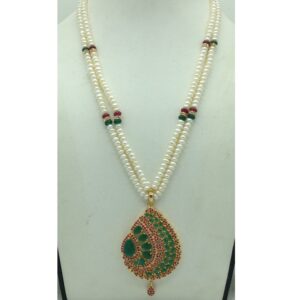 Green,Red Cz Pendent Set With 2 Line White Pearls Mala JPS0846