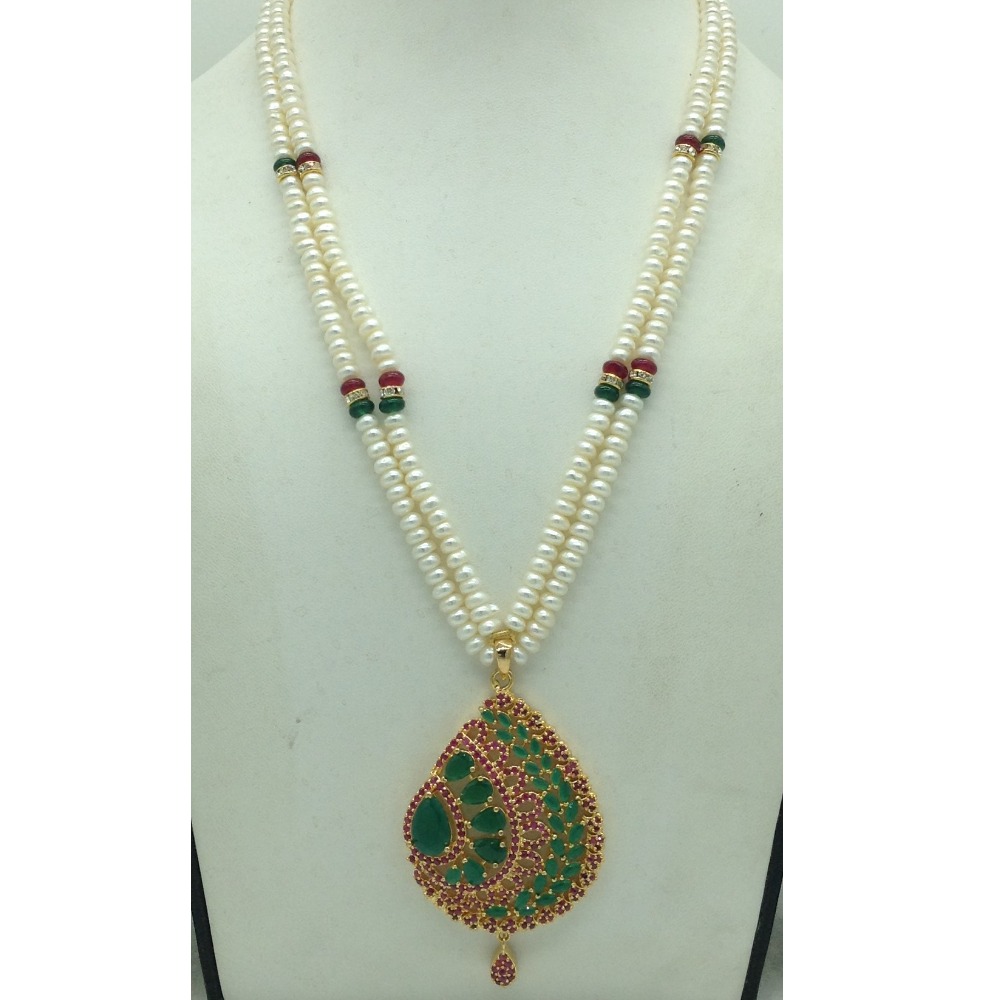 Green,Red Cz Pendent Set With 2 Line White Pearls Mala JPS0846