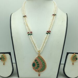 Green,Red Cz Pendent Set With 2 Line White Pearls Mala JPS0846