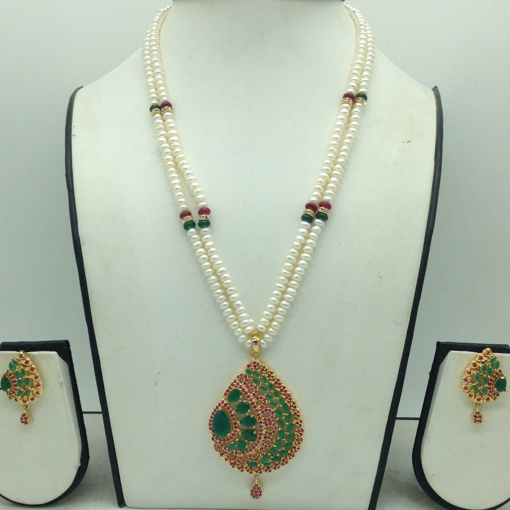 Green,Red Cz Pendent Set With 2 Line White Pearls Mala JPS0846