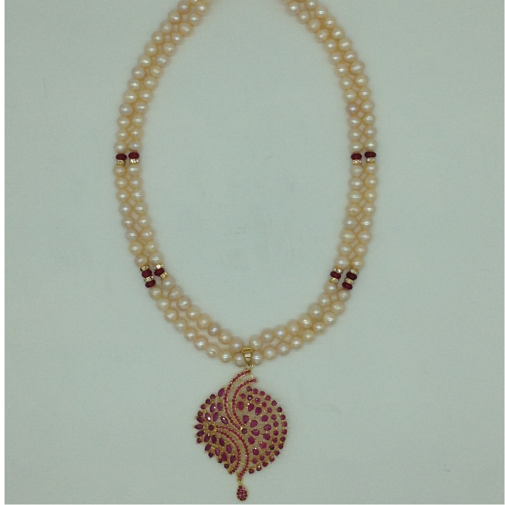 Red Cz Pendent Set With 2 Line Orange Pearls Mala JPS0844