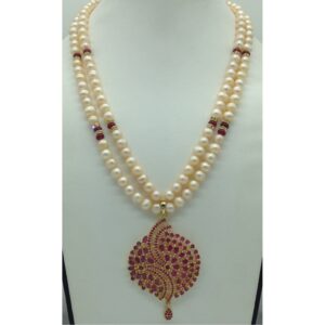Red Cz Pendent Set With 2 Line Orange Pearls Mala JPS0844