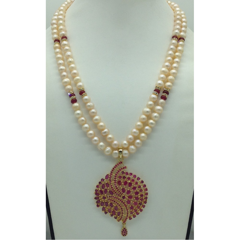 Red Cz Pendent Set With 2 Line Orange Pearls Mala JPS0844