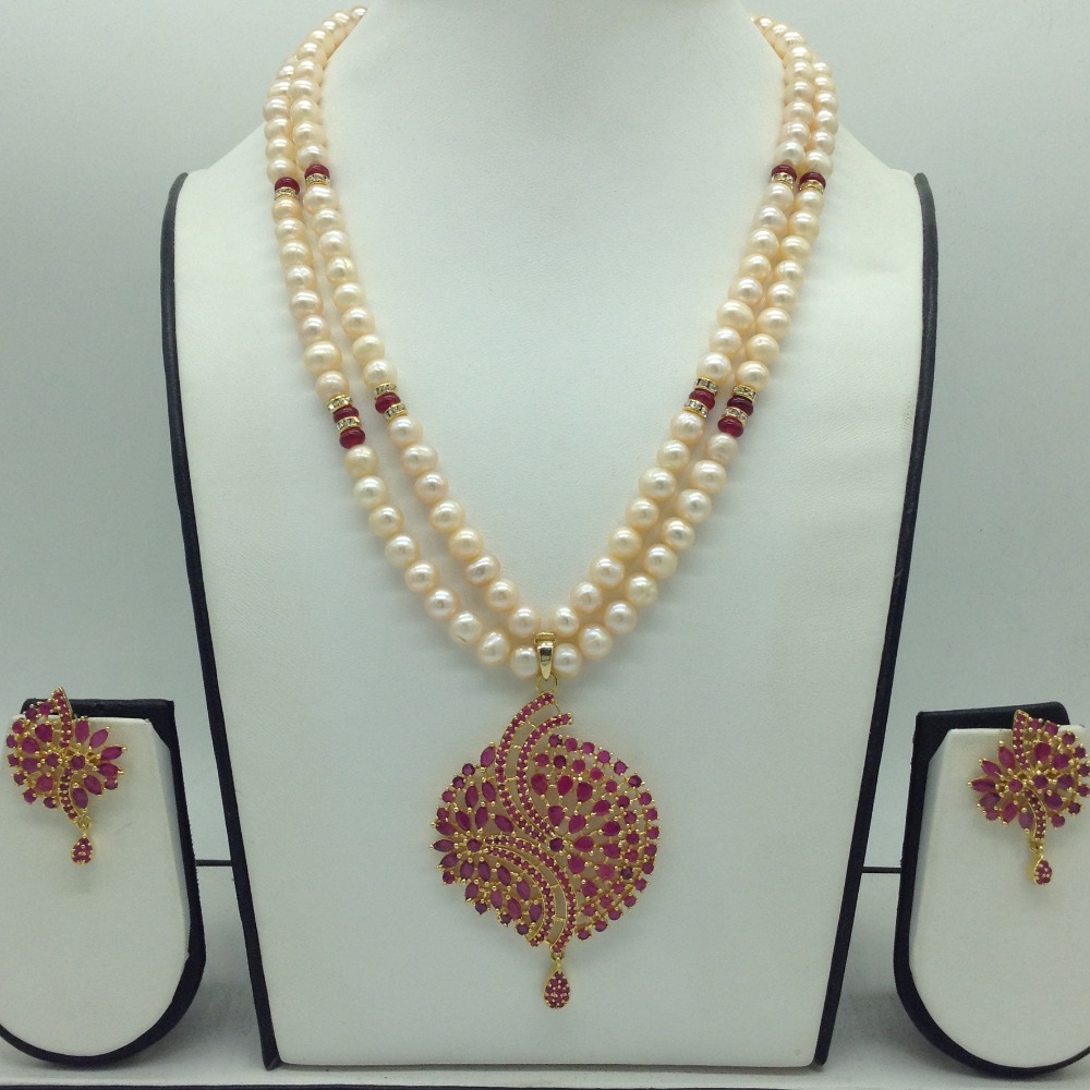 Red Cz Pendent Set With 2 Line Orange Pearls Mala JPS0844