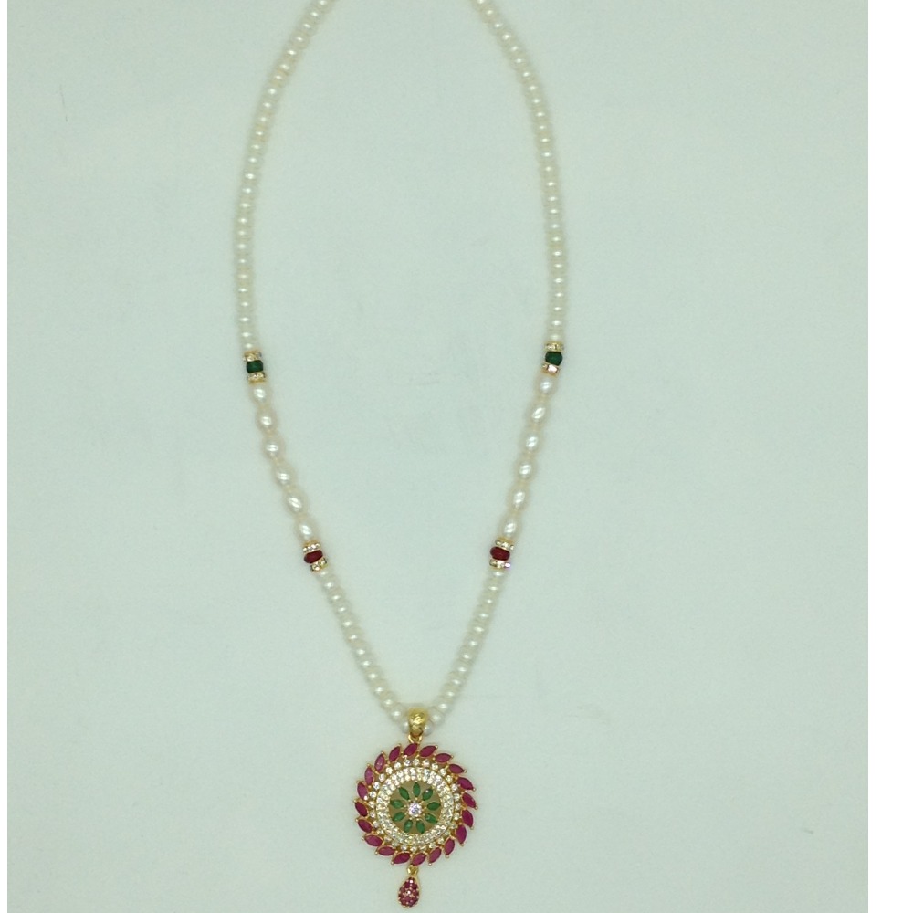Tricolour Cz Pendent Set With 1 Line White Pearls Mala JPS0842