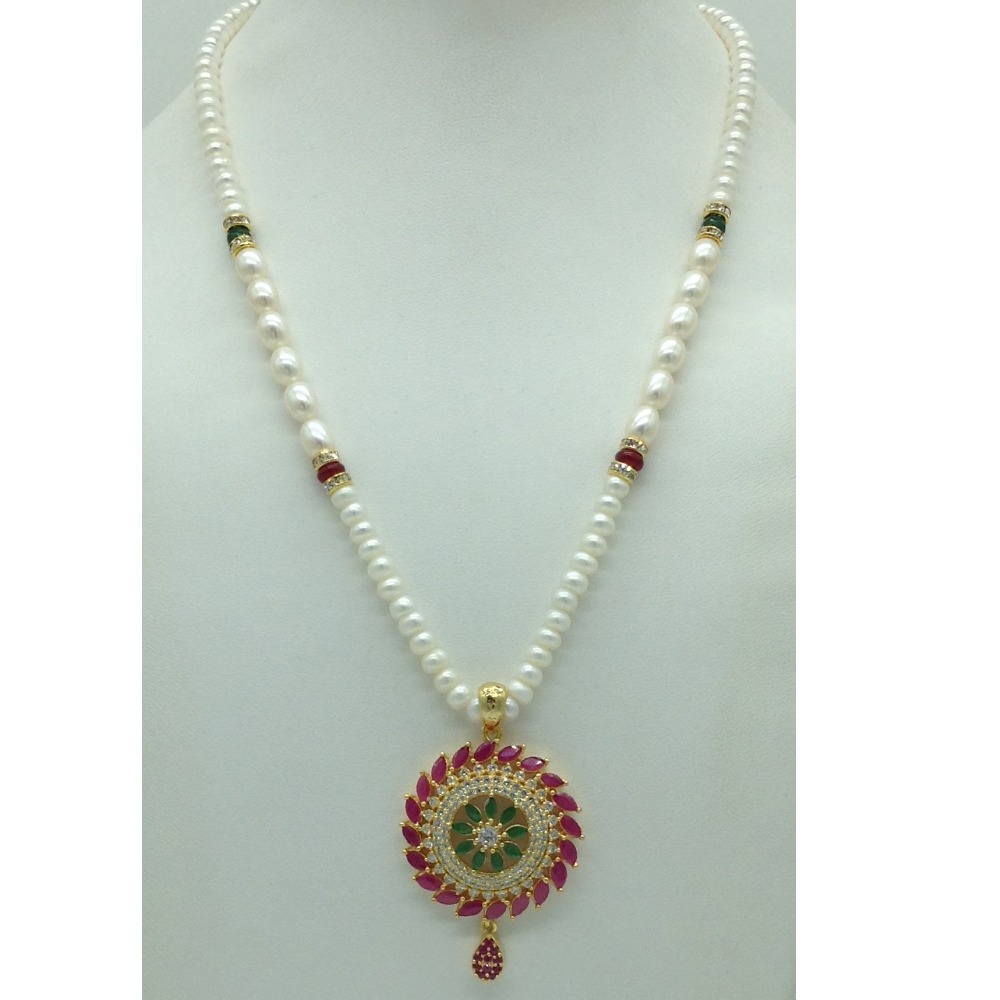 Tricolour Cz Pendent Set With 1 Line White Pearls Mala JPS0842